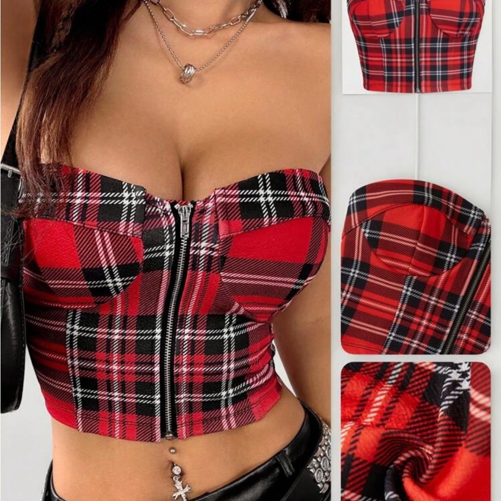 SHEIN Red Plaid Strapless Crop Top